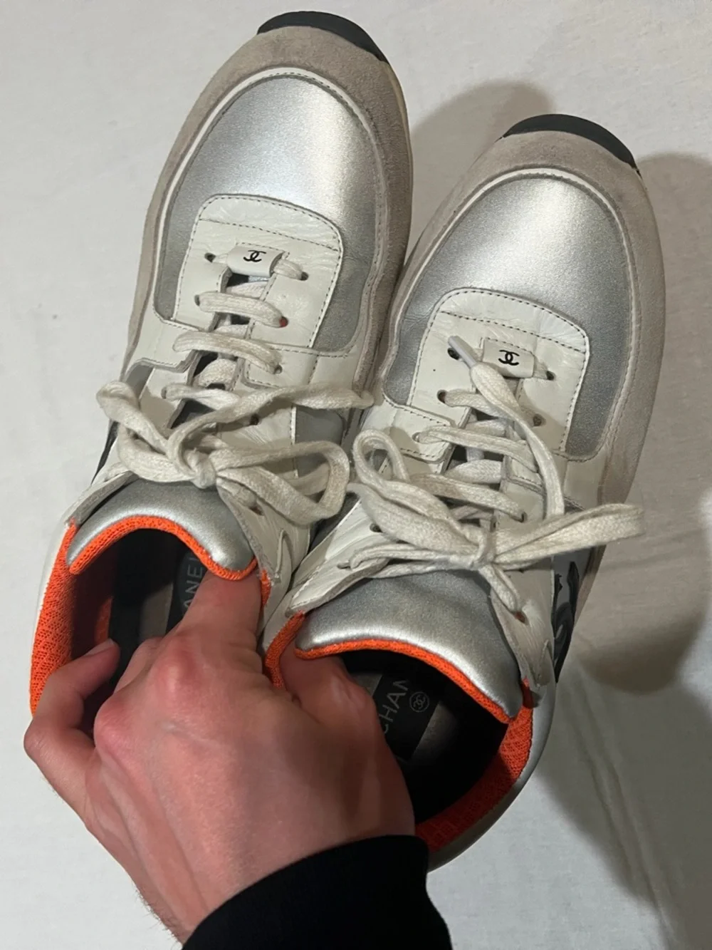 CHANEL White, Gray & Black Suede Leather Runner Sneakers with Orange Lining